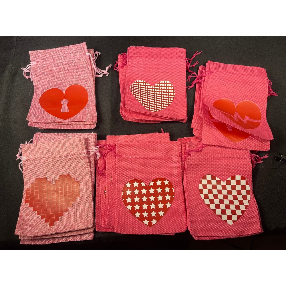 30Set Pink Burlap Heart Drawstring Gift Bags Lot Small Wedding Favor Pouches 5x7